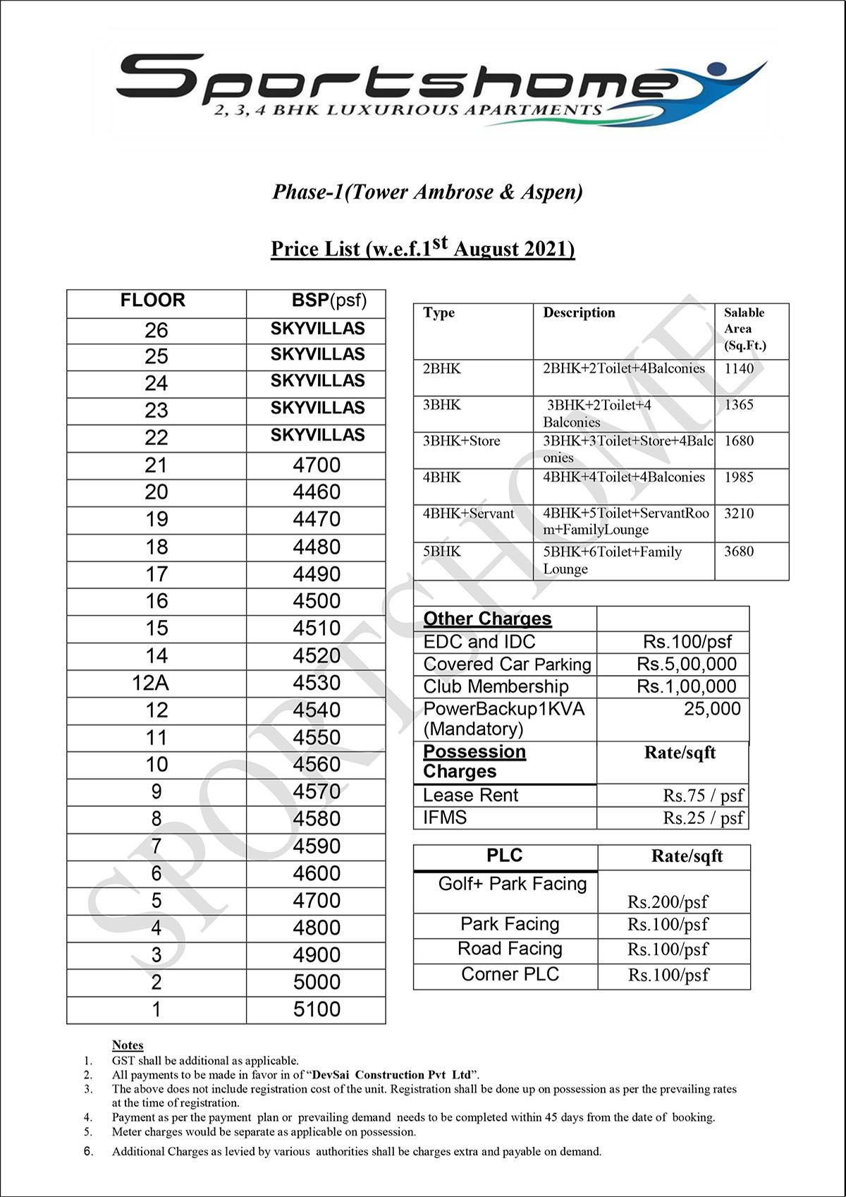 Sports Home Price List